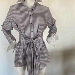 Pinstripe Tie Front Button Down Tunic